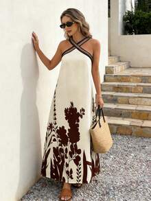 Pariaura Vintage Elegant Brown And Cream Botanical Print Maxi Dress,Cross Decorated Strap Sleeveless Loose Summer Boho Vacation Holiday Sweet Chic Retro Dress - Apricot - View 4