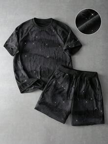 Manfinity Roghcode 2pcs/Set Men's Streetwear Black Glitter Summer City Break Short Sleeve T-Shirt And Drawstring Shorts,Knit Starry Print Distressed Rapper Costume - Black - View 1