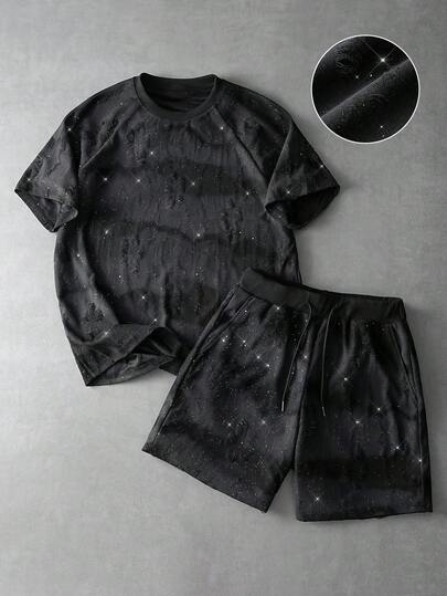 Aesthetic Post 2 piezas/Set Camiseta de manga corta y pantalones cortos con cordón para hombre, de tela de punto, camiseta de cuello redondo y pantalones cortos de cintura elástica, estilo desgastado, moda urbana, casual, estampado de estrellas, estilo artístico único, unisex, conjunto de pareja, disfraz de rapero, regalo para novio, parte superior brillante con estrellas