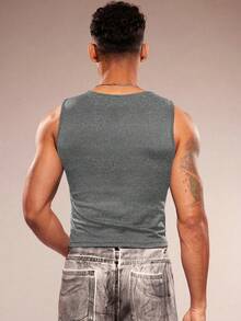 FeverCity Men's Sleeveless Crew Neck Hollow Out Casual Knit Tank Top, Spring/Summer - Light Grey - View 2