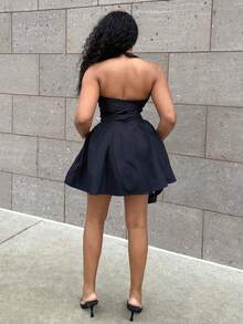 Alexandranx Solid Color Square Neck Backless Square Collar Pleated Mini Dress Backless Dress Bubble Sleeveless Dresses Summer Party - Black - View 2