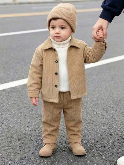 Souflis Souflis Chaqueta de manga larga de pana marrón estilo retro francés + pantalones casuales marrones, adecuado para la escuela, el ocio, el hogar y otras ocasiones, conjunto de 2 piezas para niños pequeños, otoño/invierno