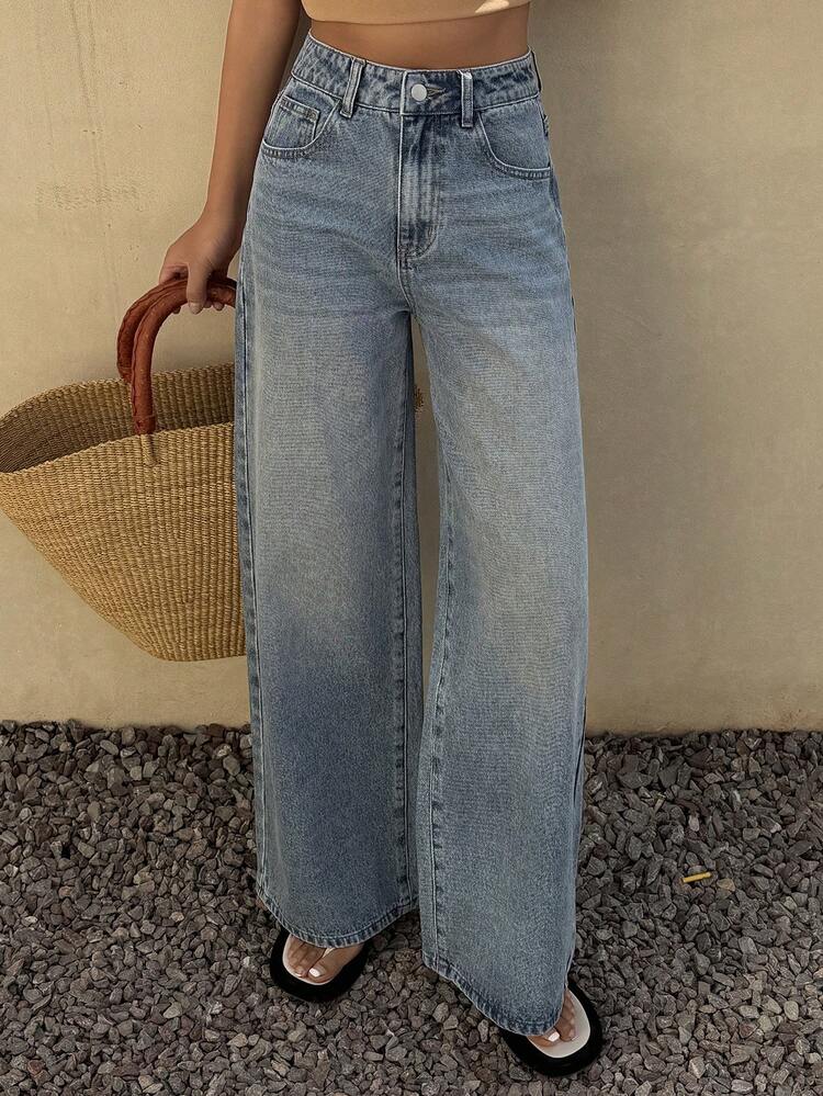 Women's Regular Waist Loose Slant Pocket Casual Straight Leg Pants