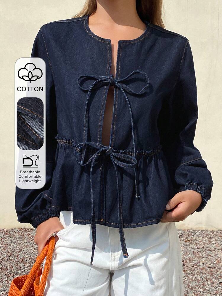 Women's Round Neck Bow Tie Cardigan Denim Short Lantern Sleeve Loose Tie-Up Blouse