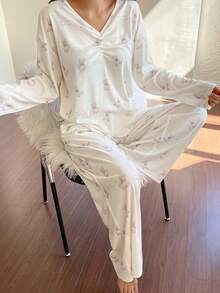 DAZY 可爱小熊印花舒适针织女式睡衣套装 - 白色 - 查看 6
