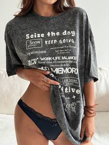 DAZY Women's Round Neck Short Sleeve Distressed Fabric Printed Loose Pullover Casual T-Shirt - Black - View 3