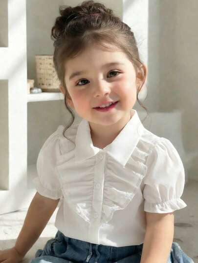 Young Girls' Sweet Ruffled Hem Solid Color Short Sleeve Blouse, Suitable For Daily Outings, Campus Wear, Parties, Photo Shoots, And Casual Matching, Summer