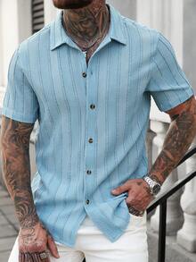 Manfinity CasualCool 彩色条纹休闲男士Polo衫 天蓝色纽扣衬衫 男士衬衫 男士针织纽扣衬衫 男士浅蓝色短裤套装 男士复古衬衫 - 霧霾藍 - 查看 7