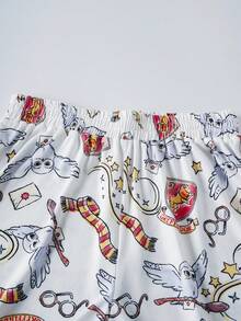 HARRY POTTER X SHEIN 女士极简印花短袖上衣和短裤睡衣套装 - 白色 - 查看 6
