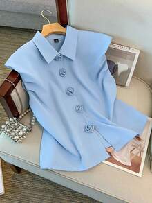 GlowEve CURVE 大码女式纯色3D立体花卉装饰短袖时尚衬衫 - 藍色 - 查看 3