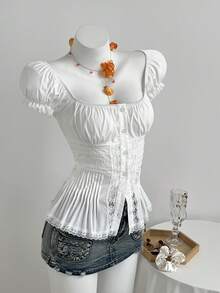 Elamini Áo kiểu ngắn tay ôm eo, cổ xếp ly, tay cánh hoa, phối ren tinh tế dành cho nữ. - trắng - Xem 3