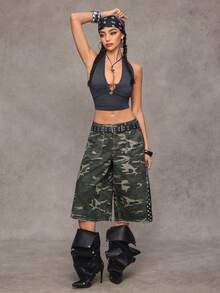 Jeanoix Y2K Women's Fashion Casual Camouflage Wide Leg Distressed 7/8 Length Jeans - Multicolor - View 6
