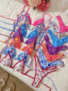 Elavelle Springbreak 女式碎花蝴蝶结细肩带短款上衣和高腰短裤性感比基尼套装，适合夏季穿着 - 彩色 - 查看 2