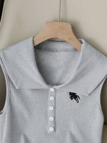 GlowEve Top sin mangas casual de mujer de verano con cuello falso bordado, de punto elástico y ajuste ceñido - Gris - Ver 7