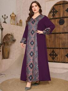 Al Najma Abito vintage elegante con stampa e patchwork, taglie comode - Viola - Visualizzare 4