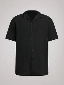 Officeau 男士黑色純色短袖襯衫套裝，前開扣，抽繩設計，口袋，夏季輕量透氣涼爽休閒舒適，適合送給父親/丈夫的禮物 - 黑色 - 查看 12