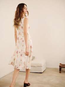 lacRébo Floral Print Satin Midi Dress With Contrast Green Lace Trim Spring Summer Vintage Vacation French Style Parisian Style - White - View 2