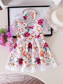 SHEIN Vintaside Kids 女嬰白色花卉蕾絲飾邊洋裝，可愛夏季度假熱帶海灘休閒荷葉袖派對復活節穿搭 - 白色 - 查看 6