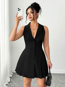 SHEIN PETITE CURVE Vestido elegante y de moda con cuello de solapa, sin mangas y con dobladillo plisado para mujer - Negro - Ver 6
