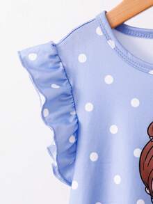 2pcs/Set Toddler Girls' Cap Sleeve Dress With Cute Ballet Dancer & Heart Print, Casual Ruffle Sleeve Long Nightgown, Spring/Summer Home Outfit - Blue - View 9