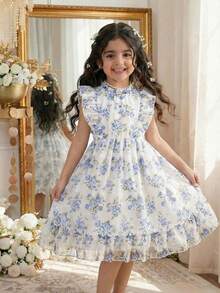 SHEIN Elladie kids Đầm hoa không tay dáng phồng in hình hoa hồng cho bé gái 2-5 tuổi, khóa kéo phía sau, thanh lịch, đa năng, ngọt ngào và dễ thương, kiểu đầm công chúa thích hợp mặc hàng ngày, mùa xuân/hè. - Màu xanh lam - Xem 3