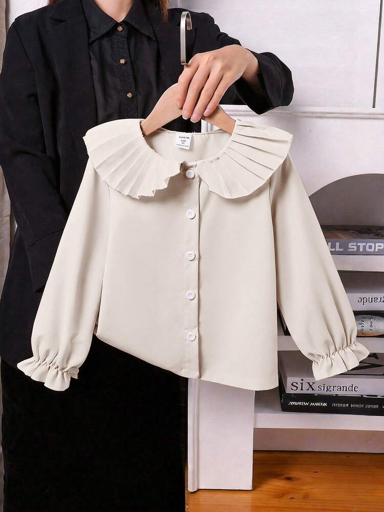 SHEIN Camisa blanca de estilo escolar elegante y básico con mangas abullonadas, cuello Peter Pan con pliegues y puños con volantes, adecuada para otoño, invierno, escuela, ceremonias de premiación, actuaciones, fiestas y uso diario, vacaciones, verano, viajes - Blanco - Añade 4