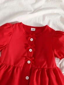 SHEIN Vintaside Kids 2件套女婴夏秋季休闲风蝴蝶结装饰短袖上衣和短裤 - 紅色 - 查看 4