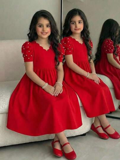 SHEIN Girls' Elegant Pearl Beaded Gigot Sleeve Waist Gathered Flare Hem Princess Dress, Red