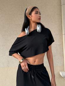 SHEIN Unity 女式白色不对称领口短款流苏上衣，超大街头百搭 Y2K 时尚性感短袖 T 恤，春夏 - 黑色 - 查看 6