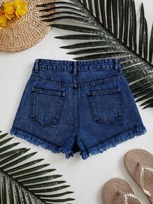 SHEIN Essnce Celana Pendek Denim Kasual Wanita dengan Saku dan Ujung Berumbai, Serbaguna untuk Pemakaian Sehari-hari - Dark Wash - View 3