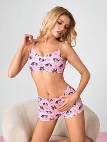 THE POWERPUFF GIRLS X SHEIN Women's Blossom, Bubbles, Buttercup Pattern Camisole Bra And Boyshort Panty Set - Pink - View 3