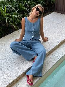 DAZY 女士方领无袖牛仔吊带背心和宽松直筒牛仔裤休闲牛仔套装 - 中等水洗藍 - 查看 7
