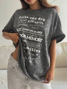 DAZY Women's Round Neck Short Sleeve Distressed Fabric Printed Loose Pullover Casual T-Shirt - Black - View 7