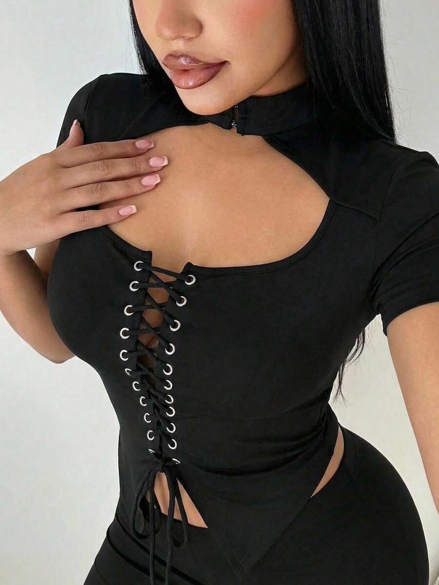 SHEIN SXY Áo thun ngắn tay nữ gợi cảm khoét lỗ, buộc dây, phong cách Y2K - màu đen - Xem 1