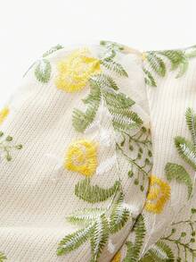 ZEYLAH 对比色网眼花卉刺绣泡泡袖针织上衣 - 彩色 - 查看 5