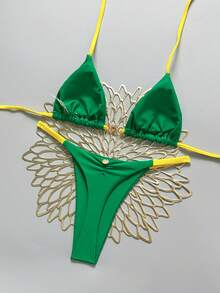 Swim Mod Bộ bikini hai mảnh nữ kiểu dáng mới, cổ chữ V, hở lưng, đính kim loại, màu trơn, hình tam giác, quần lọt khe gợi cảm, thích hợp cho mùa xuân/hè. Bộ bikini cho nữ, đồ bơi có gọng, áo ngực có gọng, bikini dự tiệc, đồ bơi cho nữ. - màu xanh lá - Xem 3