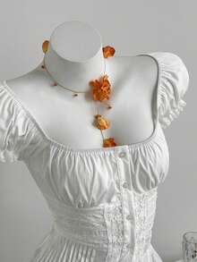 Elamini Áo kiểu ngắn tay ôm eo, cổ xếp ly, tay cánh hoa, phối ren tinh tế dành cho nữ. - trắng - Xem 1