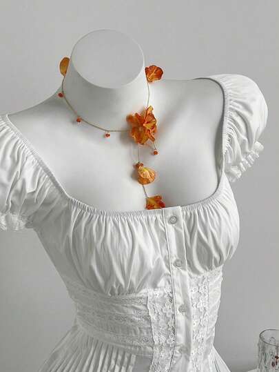 Elamini Sweet Lace Patchwork Pleated Collar Petal Sleeve Fitted Waist Short Sleeve Blouse For Women