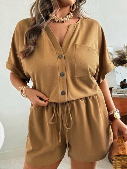 Ceyna Plus Size Women Loose V-Neck Rolled Hem Vintage Button Textured Fabric Solid Color Casual 2-Piece Set
