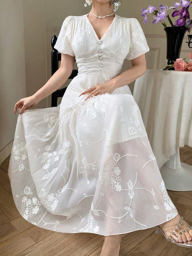 Women's V-Neck Short Sleeve Lace Fabric Waist Cinched Long Vacation Dress Maxi Dress Sundress