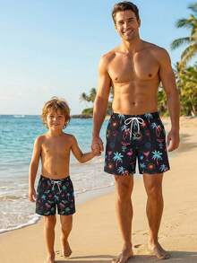 SHEIN Young Boy Tropical Print Drawstring Waist Beach Shorts, Summer - Black - View 4
