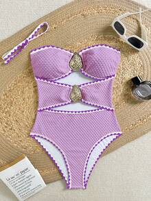 Swim Chiccia Chicsea 女士泳衣，提花面料，镂空拼接抹胸设计，可拆卸肩带，时尚优雅性感，金属配件，撞色滚边，连体式 - 淡紫色 - 查看 4