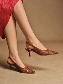 Rosivie Women's Elegant Embroidered Pointed Toe High Heels, Suitable For Commuting - Brown - View 3