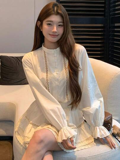 DAZY 女士优雅立领荷叶袖撞色蕾丝上衣和半裙两件套，适合春、夏、秋季穿着，适合日常通勤和休闲穿着。