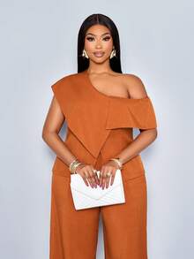 SOLERSUN 女士优雅复古商务休闲两件套，不对称领口收腰单排扣衬衫搭配阔腿口袋细节长裤，完美适用于度假和日常通勤。 - 鏽棕色 - 查看 5