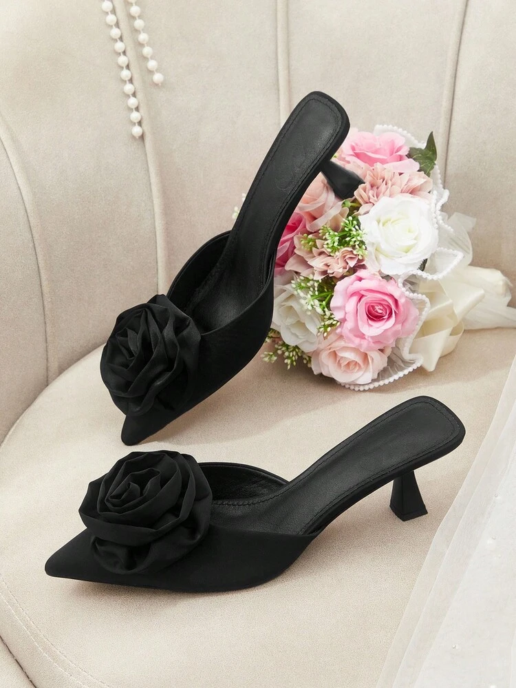 CUCCOO HITCHD Women's Pointed Toe 3D Floral Decor Elegant High Heel Mules Wedding Shoes Summer Shoes Bride Shoes