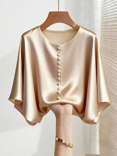 Franclia This Women's Shirt Exudes French Elegance. Made Of Smooth Woven Satin Fabric, It Features A Champagne-Colored Solid Color, A Round Neck, And Batwing Sleeves. Perfect For Summer Wear, Including Summer Shirts, Tops, Holiday Outfits, And Casual Wear. Ideal For Valentine's Day, Carnivals, And Other Festive Occasions. A New Summer Style For Women.