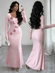 Rafferiza Women's Baby Pink Heart-Shaped Neckline Three-Dimensional Flower Elegant Valentine's Day Dress,Autumn Dining Formal Fishtail Hem Design - Pink - View 1