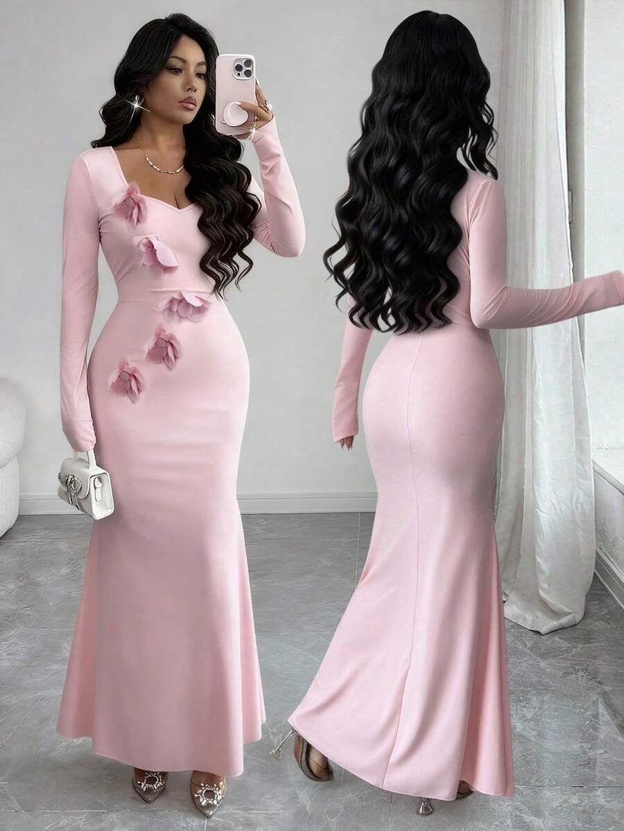 Rafferiza Women's Baby Pink Heart-Shaped Neckline Three-Dimensional Flower Elegant Valentine's Day Dress,Autumn Dining Formal Fishtail Hem Design - Pink - View 1