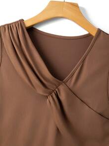 GlowEve CURVE Plus Size Women's Summer Elegant 2-Piece Set Ruched Camisole And Skorts,Beige Summer Smart Casual Wedding Guest Outfits,Solid Color Commuter Classy - Brown - View 4